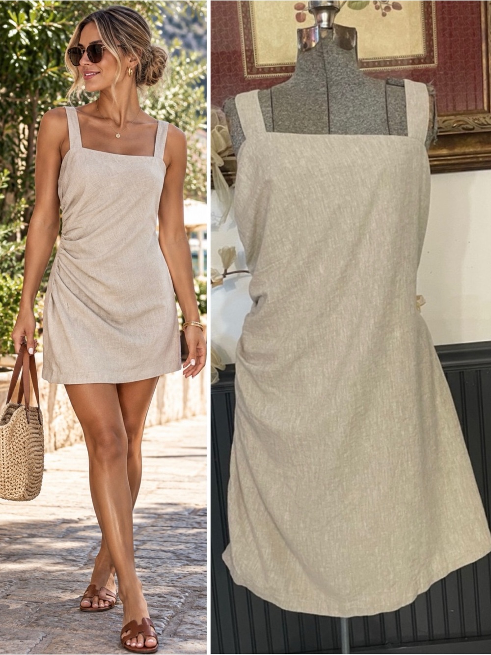 Abercrombie & Fitch Linen Blend Asymmetrical Ruched Square Neck Dress XL🧡🎀